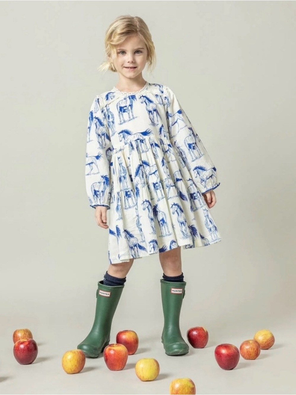 Pink Chicken | "Charlie" Blue Horses Whimsical Tiered Dress | Girls 14Y